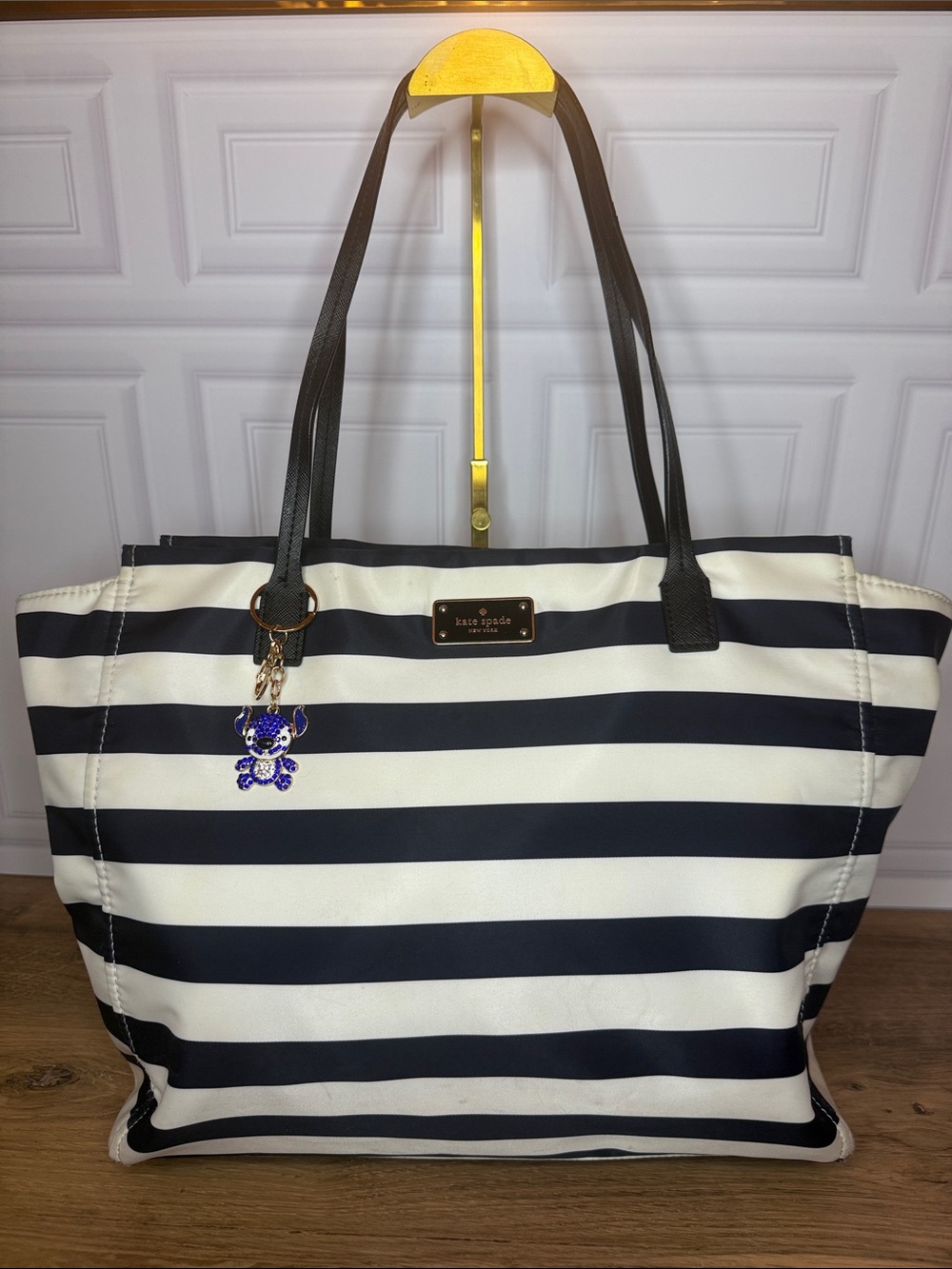 Kate Spade New York Navy & White Striped Nylon Zip Tote Large Shoulder Bag